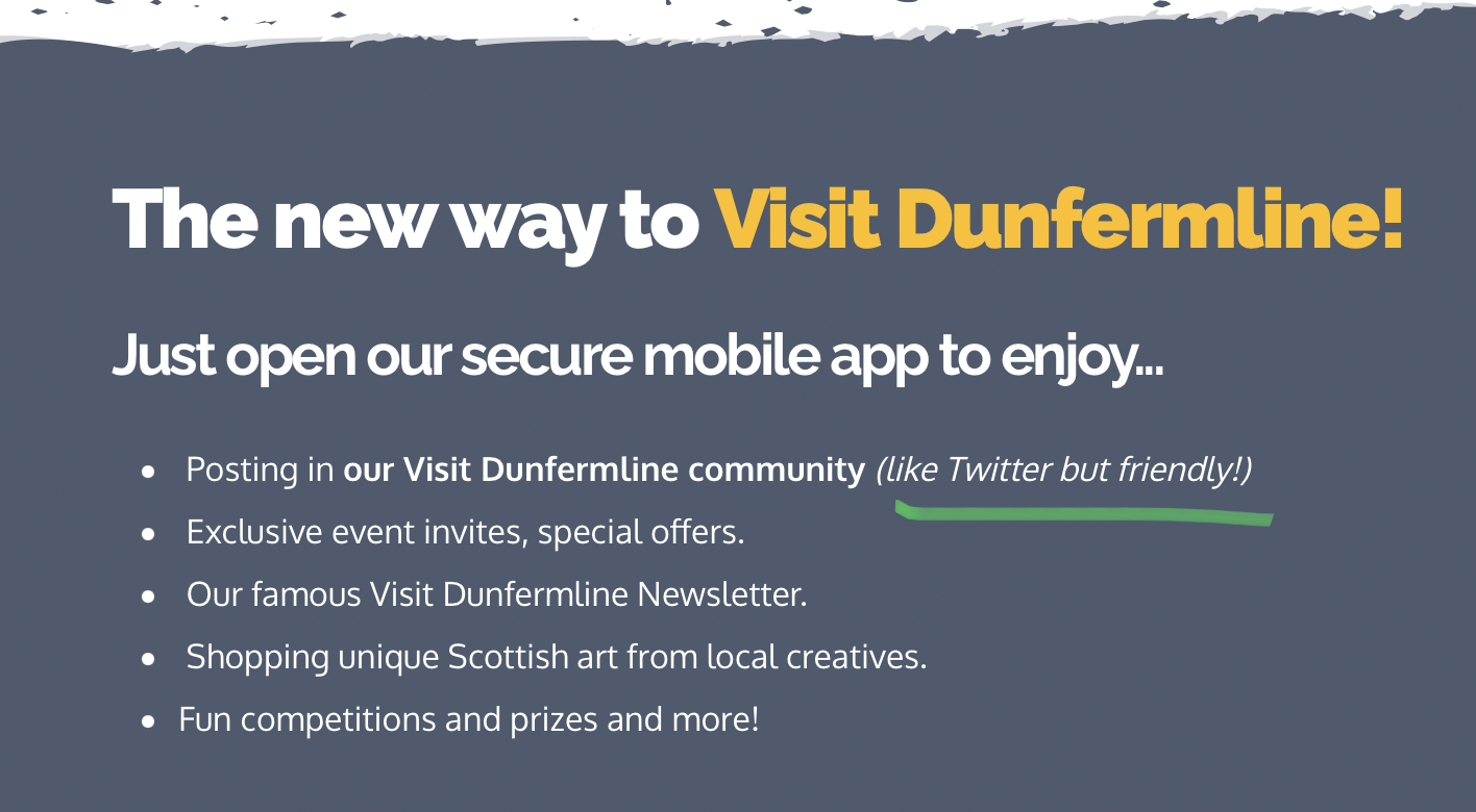 Screenshot of the Visit Dunfermline website, with a highlight for the sentence “Posting in our Visit Dunfermline community (like Twitter but friendly!)”